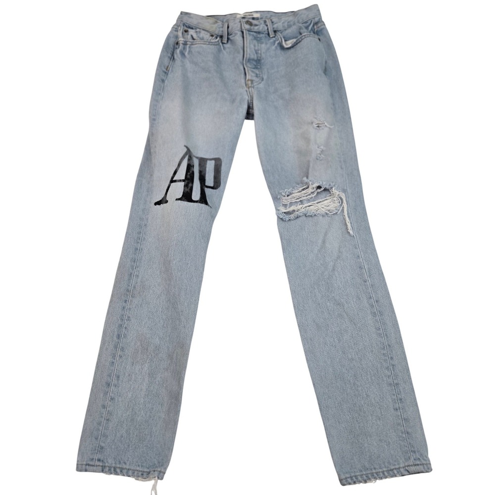 GRLFRND Karolina Jeans 25 High Rise Skinny Distressed Button Fly AP Graphic USA